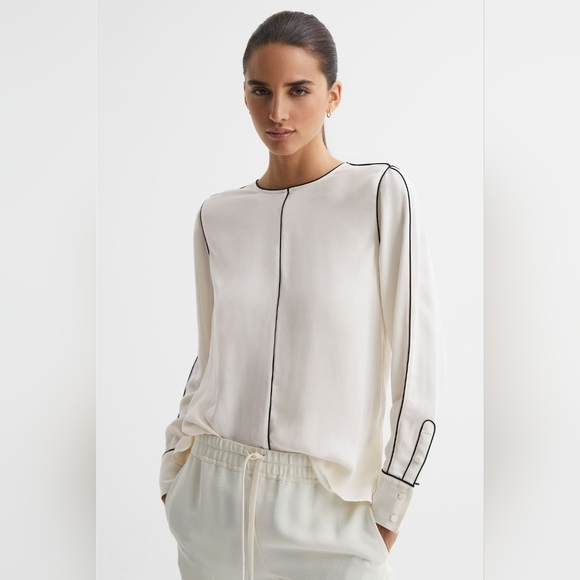Reiss Size 10 Estella Trim Long Sleeve Blouse in Cream - Picture 1 of 9